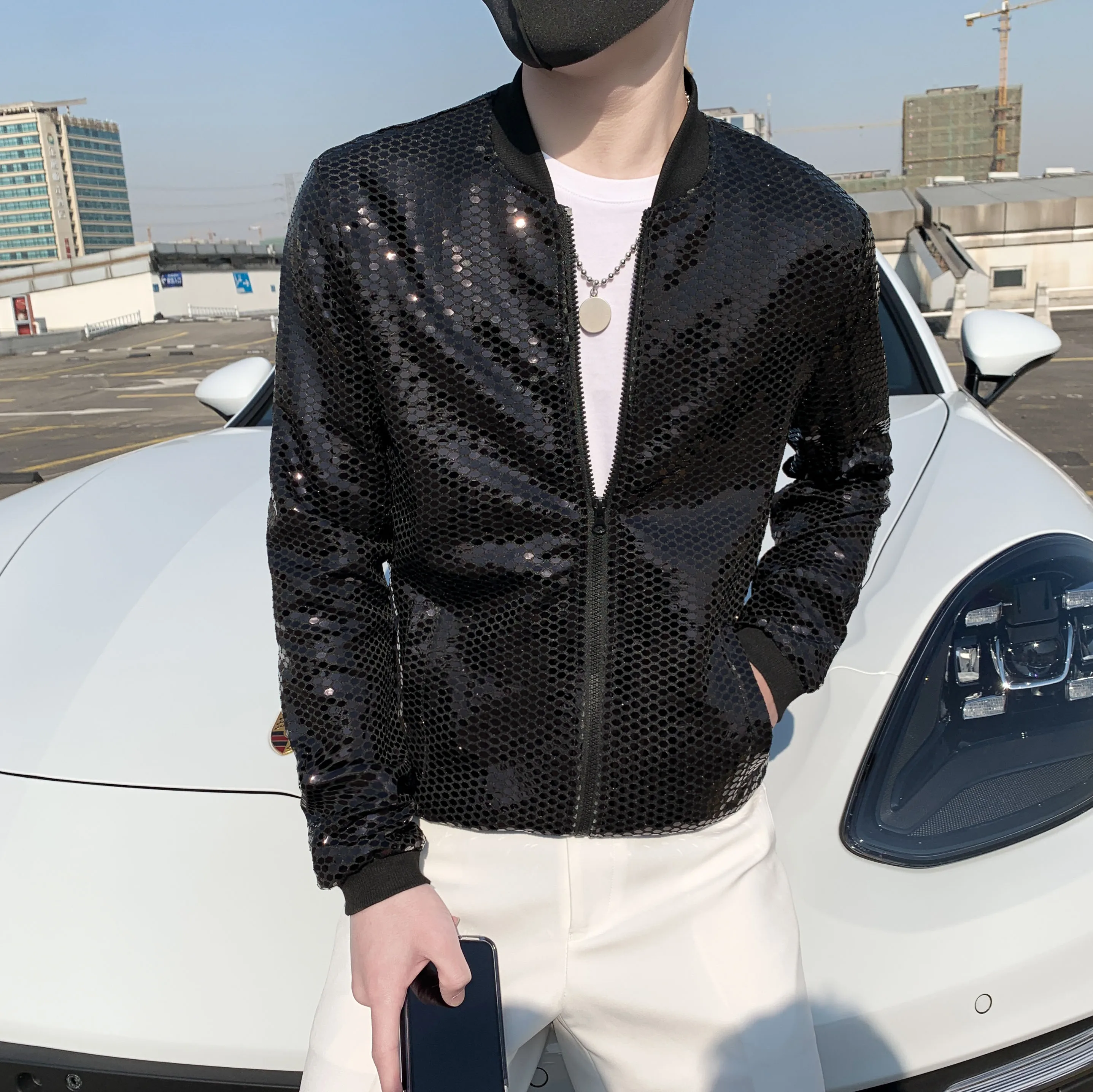 Jas Spring New Sequined Bomber Jacket Men Y2K Long Sleeve Glitter Zipper Thin Coat Hip Hop Night Club Stage Streetwear Coats Man