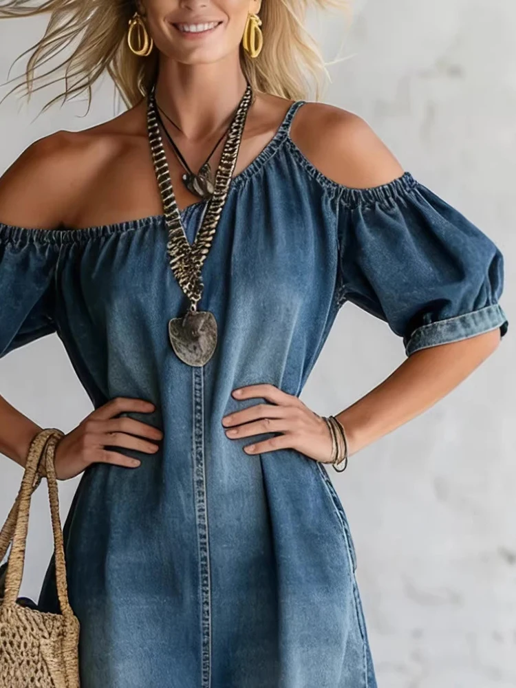 

Women's Denim Maxi Dress Off The Shoulder Puff Sleeve Casual Loose Chambray Long Dress With Pockets 2026 Chic Vacation Dresses