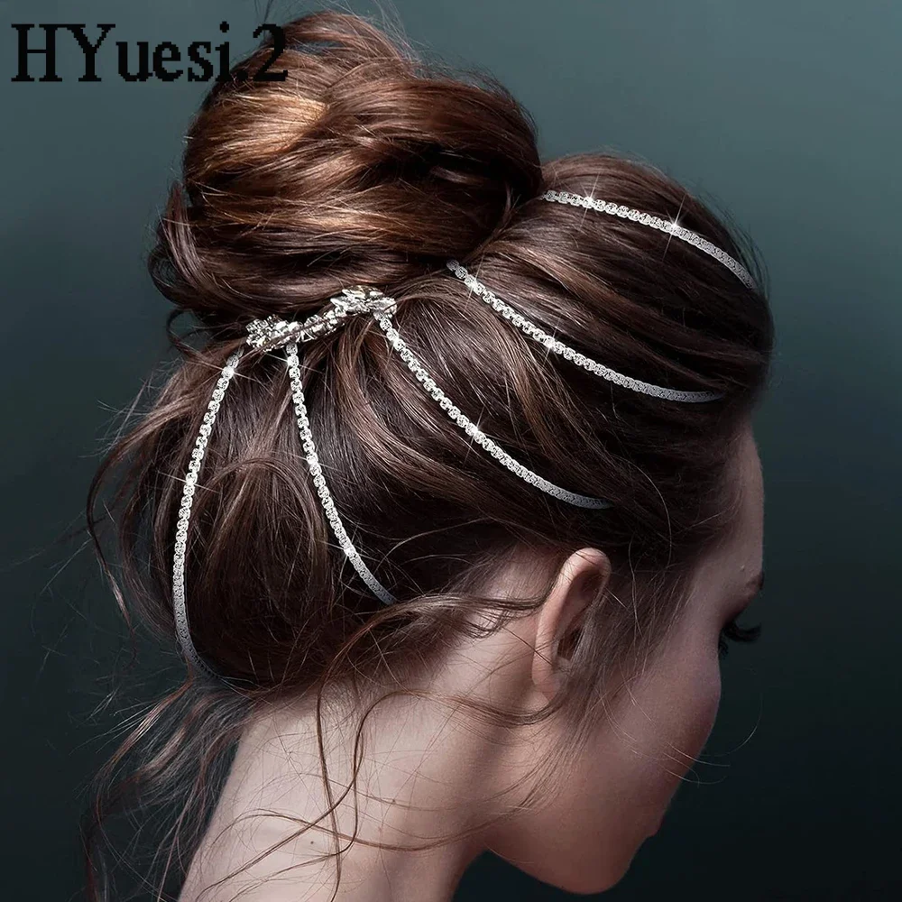 Luxury Rhinestone Tassel Hair Clips Bling Bling Crystal Chain With Hairpin For Women Wedding Party Headwear Accessories