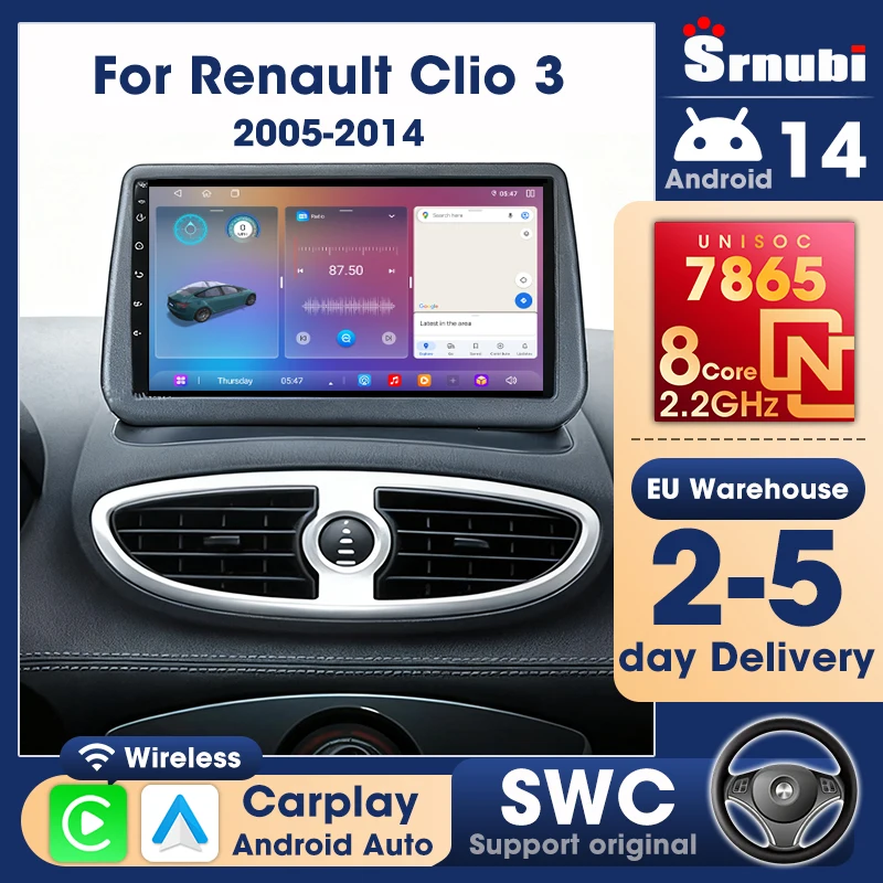 Lecteur multimédia Srnubi 2 Din Carplay Android Auto pour Renault Clio 3 2005 - 2014, autoradio UIS7865, stéréo 8 cœurs, navigation GPS, prise en charge audio DSP, stéréo SWC, ventilateur de refroidissement intégré