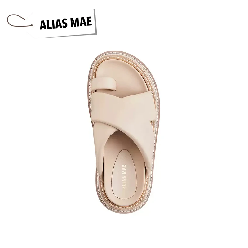 Alias Mae Hoogwaardige Zomer Lederen Platte Bodem Ronde Top Teen Crossband Dames Slippers