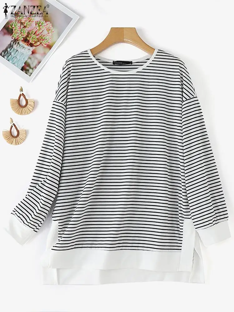 ZANZEA-Blusa de retales a rayas para mujer, Tops musulmanes de manga larga a la moda, ropa islámica, blusa holgada con cuello redondo, camisa femenina de otoño