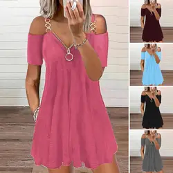 Plus Size Zipper V-Neck Short Sleeve Metal Shoulder Strap Pleated Hem A-Line Mini Dress Women Casual Cold Shoulder Swing Dress