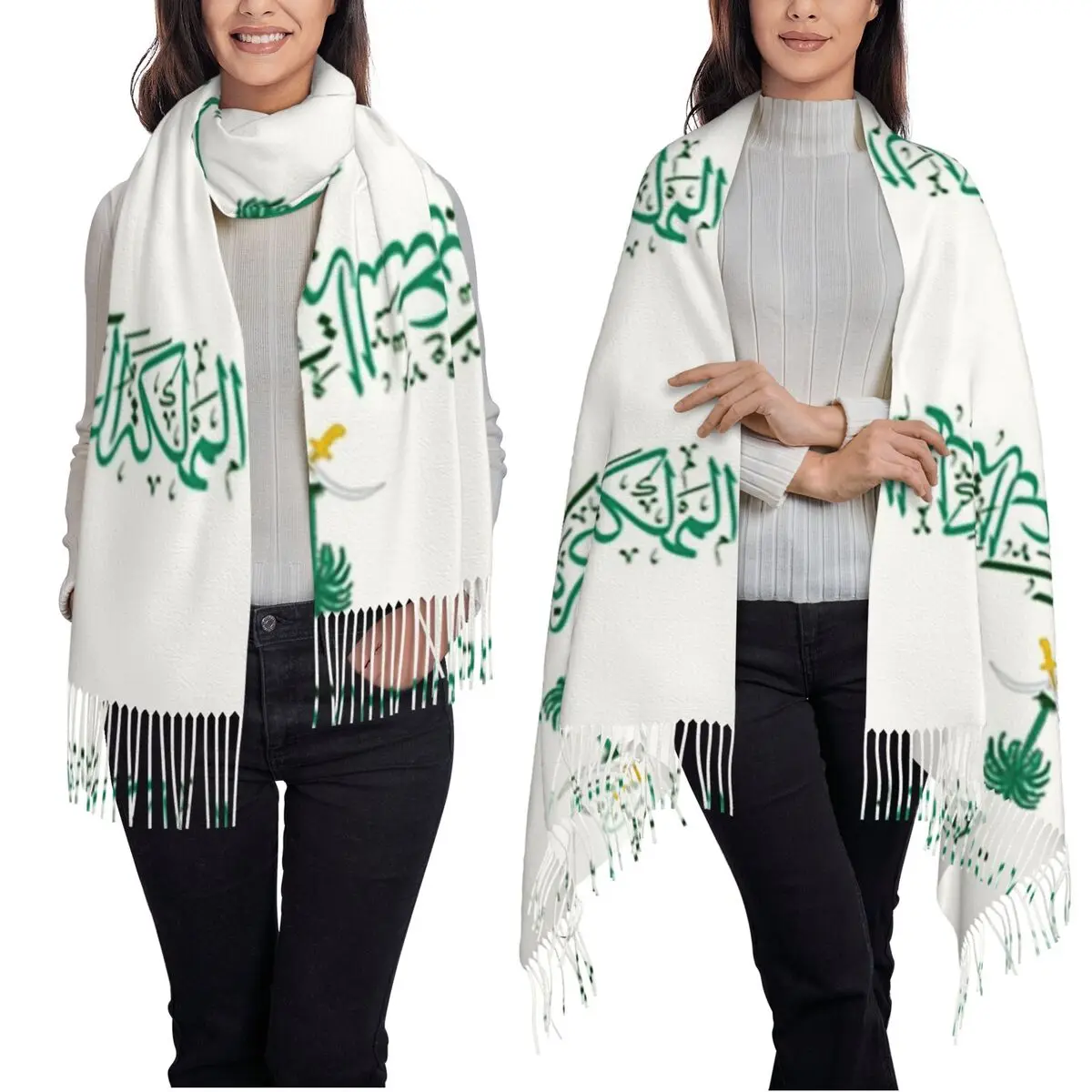 

Saudi Arabia Emblem Arabic Calligraphy Scarf Tassel Scarves Women Soft Warm Shawls and Wraps Large Fall Winter Shawl Wrap