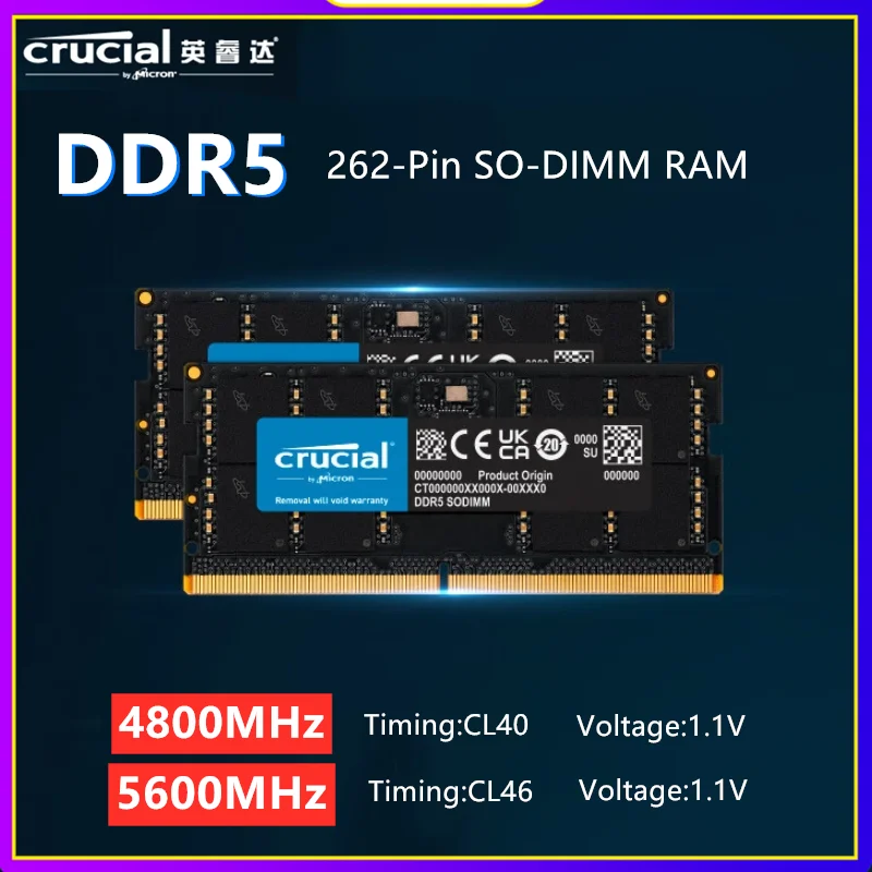 노트북 메모리용 Crucial DDR5 SODIMM RAM, 노트북 4800MHz, 5600MHz, 1.1V, 16GB, 32GB, 24GB, 48GB 