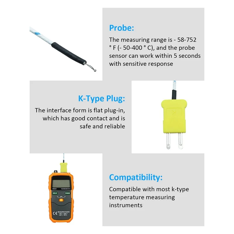 TOP 10Pcs 3Meters K Type Mini-Connector Thermocouple Temperature Probe Sensor -50-350°C Temperature Sensing Line