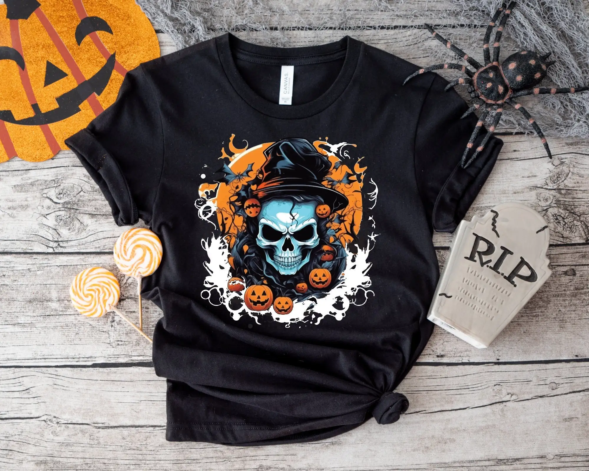 Halloween Skull T Shirt Spooky Fall Pumpkins Ghouls