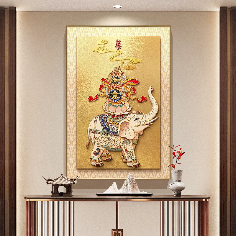 

Современная китайская декоративная картина с изображением слона и тыквы для прихожей, настенное искусство с позитивным смыслом, плоская печать