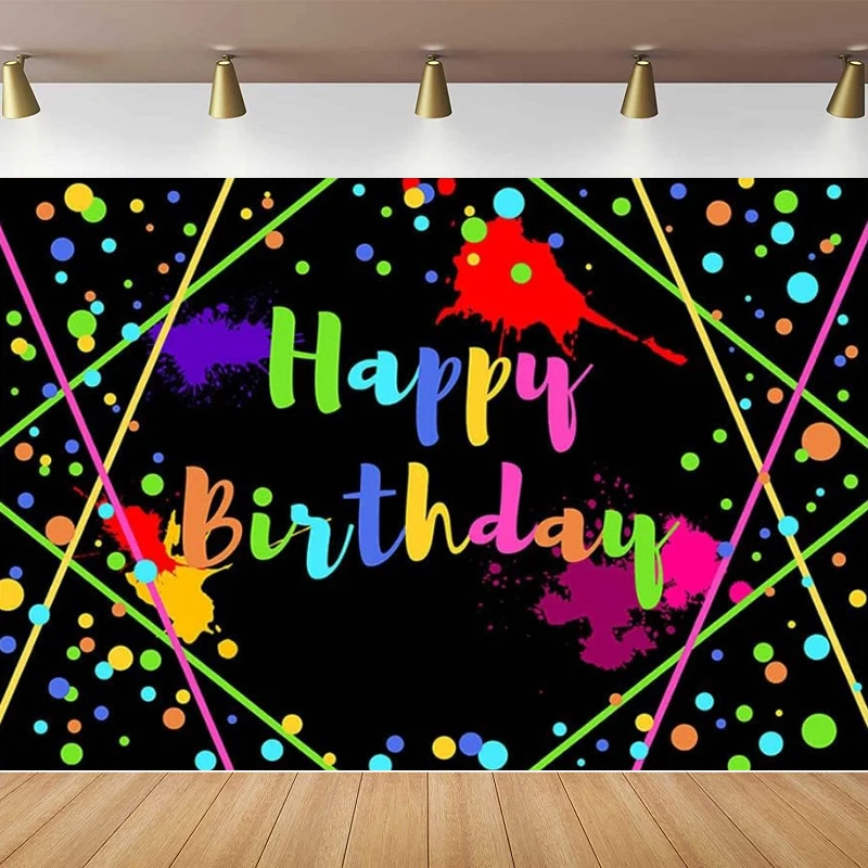 

Glowing Neon Happy Birthday Photography Backdrop Colorful Splatter Shining Lights Dots Graffiti Splash Paint Black Background