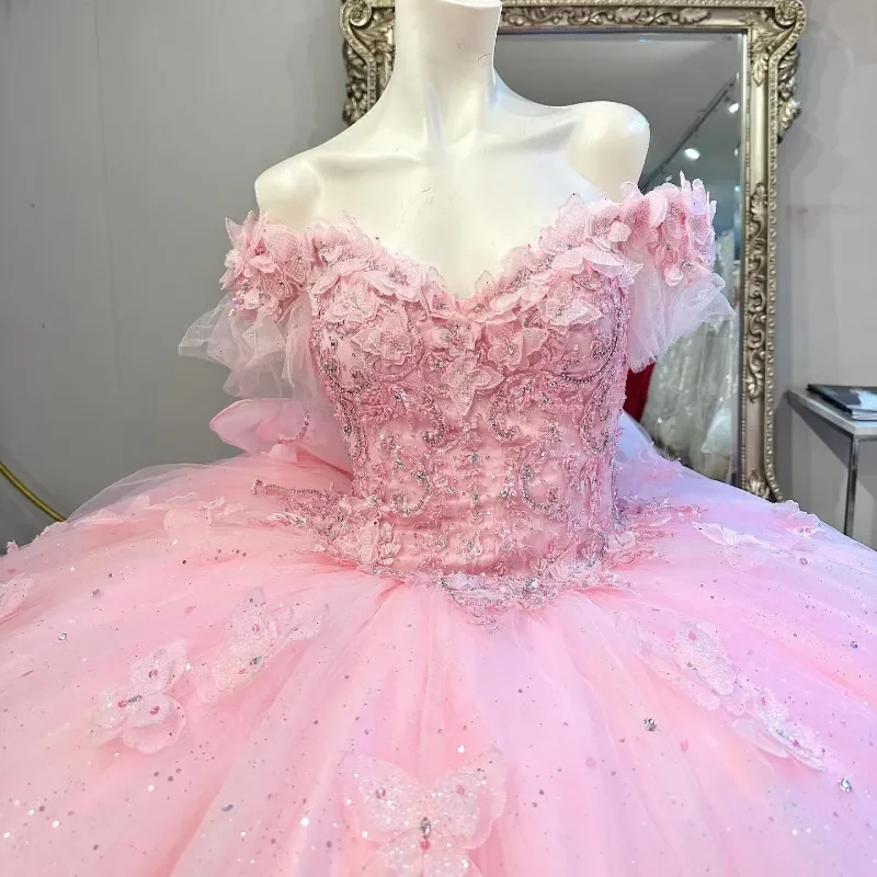 Pink Beading Shiny Ball Gown Quinceanera Dresses Off Shoulder Princess Big Bow Lace Tull Sequin Birthday Party New Arrivals 2024