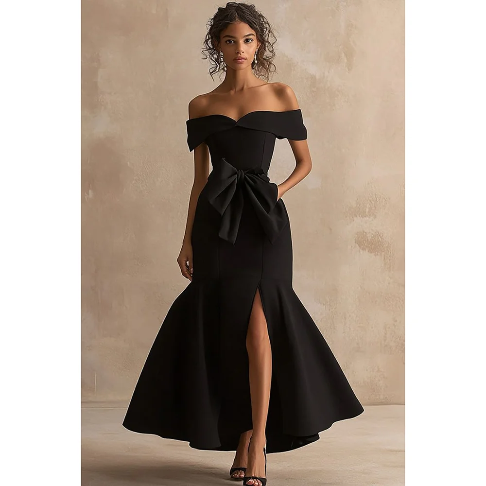 

Customized Bow Off-the-shoulder Mermaid Side Slit Evening Party Dress Formal Occasion Banquet Prom Gowns Dresses Sizes Available