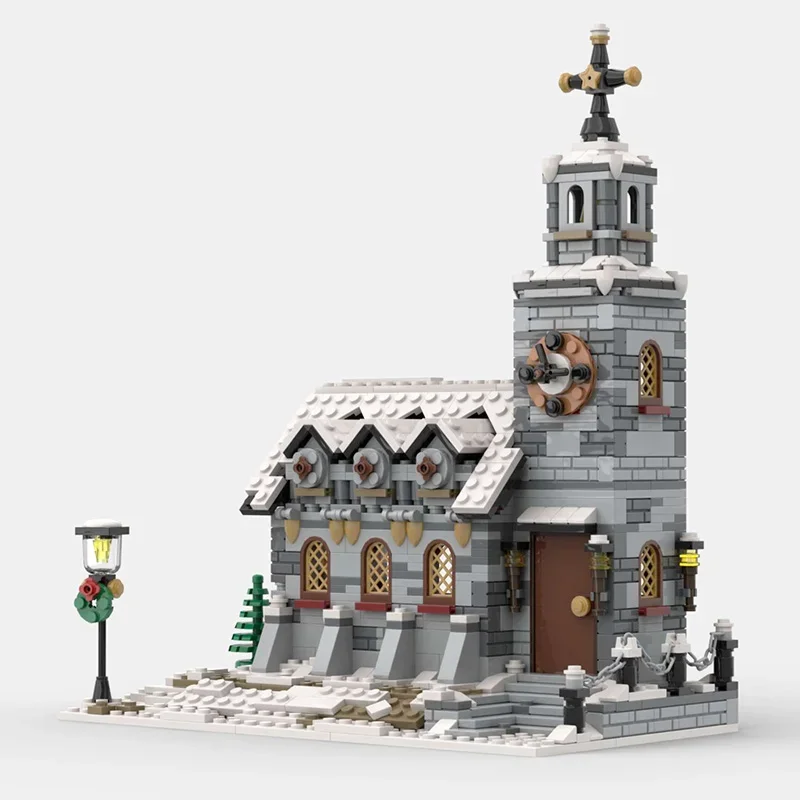 Winter Village Church Building Block Kit, City Street Snow House architettura modulare modello in mattoni giocattolo per bambini, regalo di natale