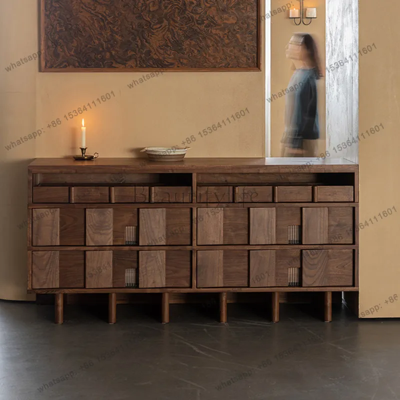 XX. Medieval black walnut creative six-chest cabinet Nordic log living room entrance cabinet