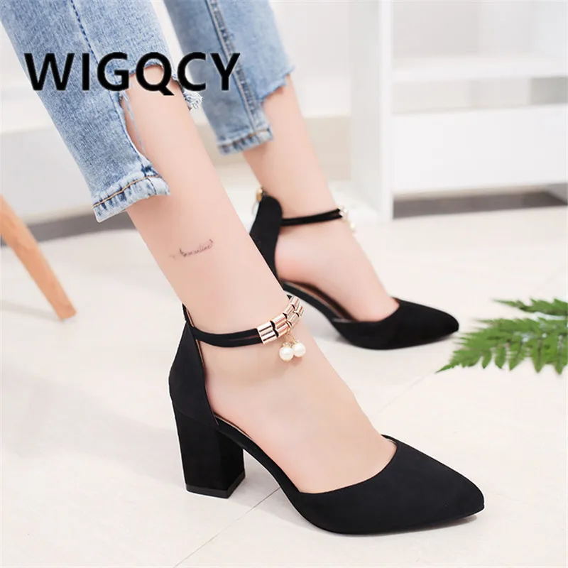 HOT Summer Square High Heels Flock Pointed Sandals Sexy Female Summer Sandalias  Shoes Mujer Zapatos Mujer Pumps 2020 Femeninas