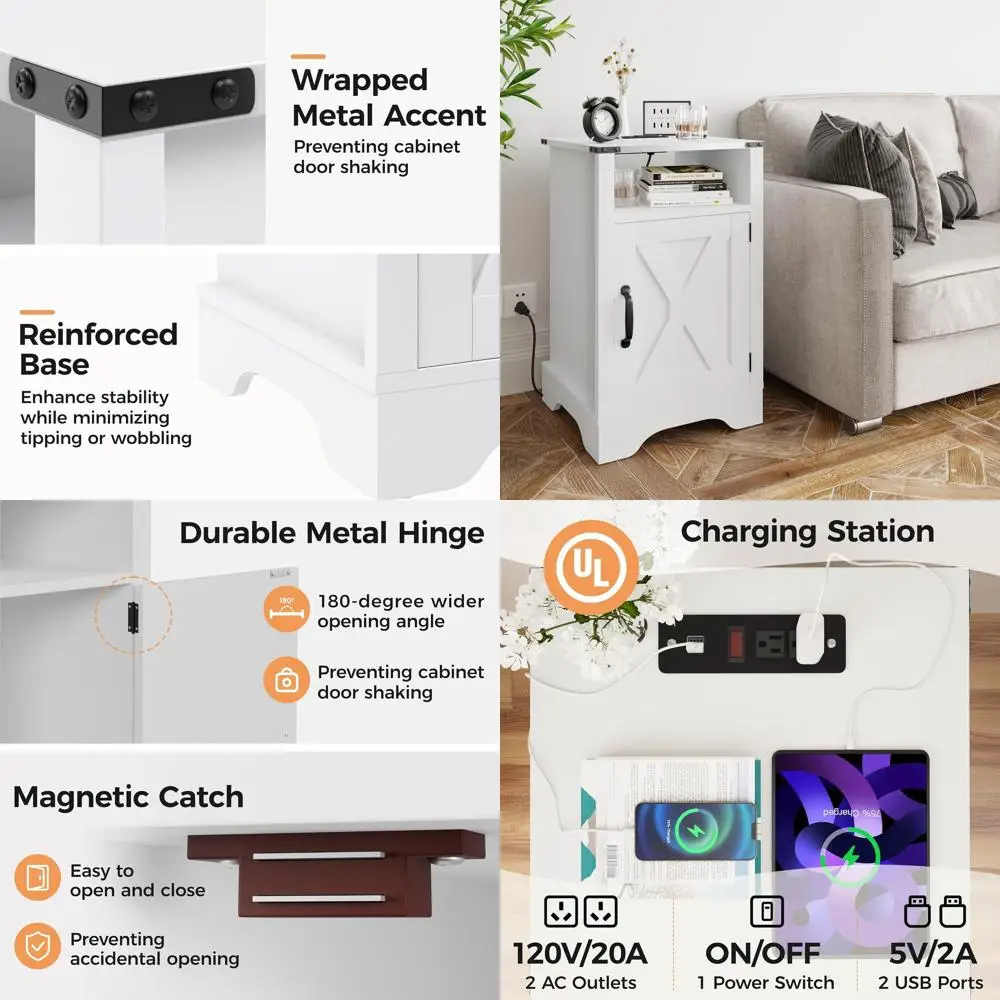 

Белая тумбочка в деревенском стиле для фермерского дома с зарядной станцией и хранилищем для спальни или домашнего офиса