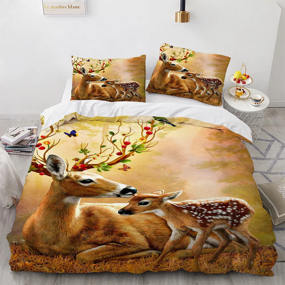 Deer Duvet Cover Set Wild Animals Flowers Pattern Polyester Bedding Set King Twin Full Size Comforter Cover For Kids Boys Girls