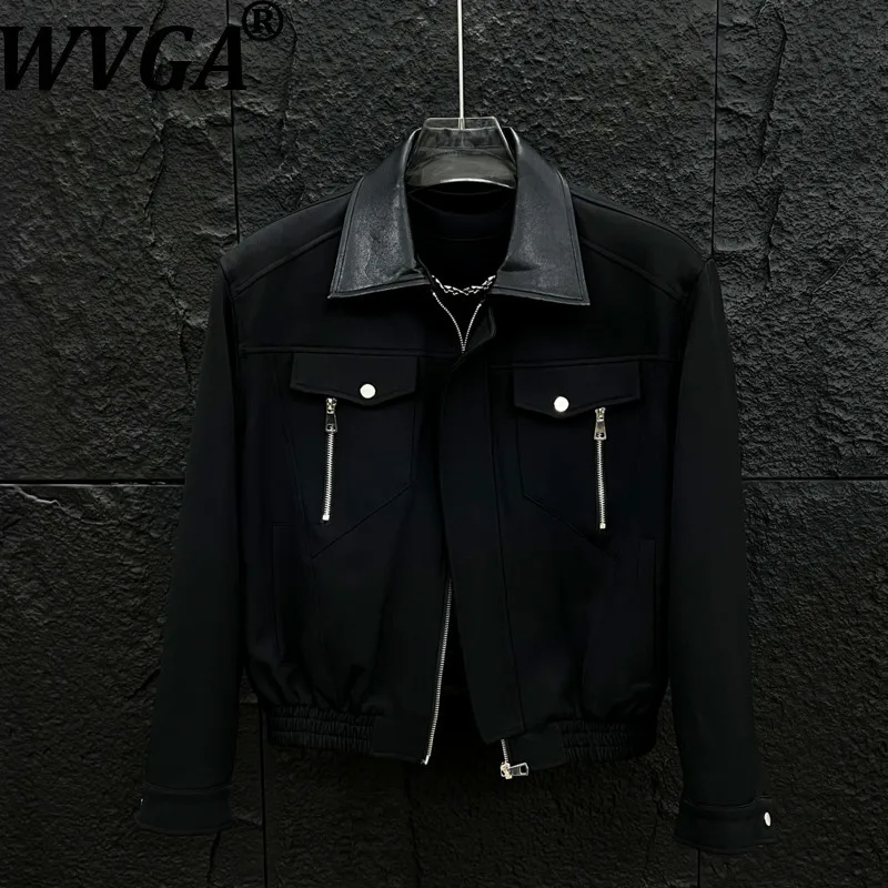 WVGA Autumn Winter New Man Tide Patchwork Leather Short Jackets Niche Chic Casual Zipper Decorated Turn-Down Collar Coats W14793