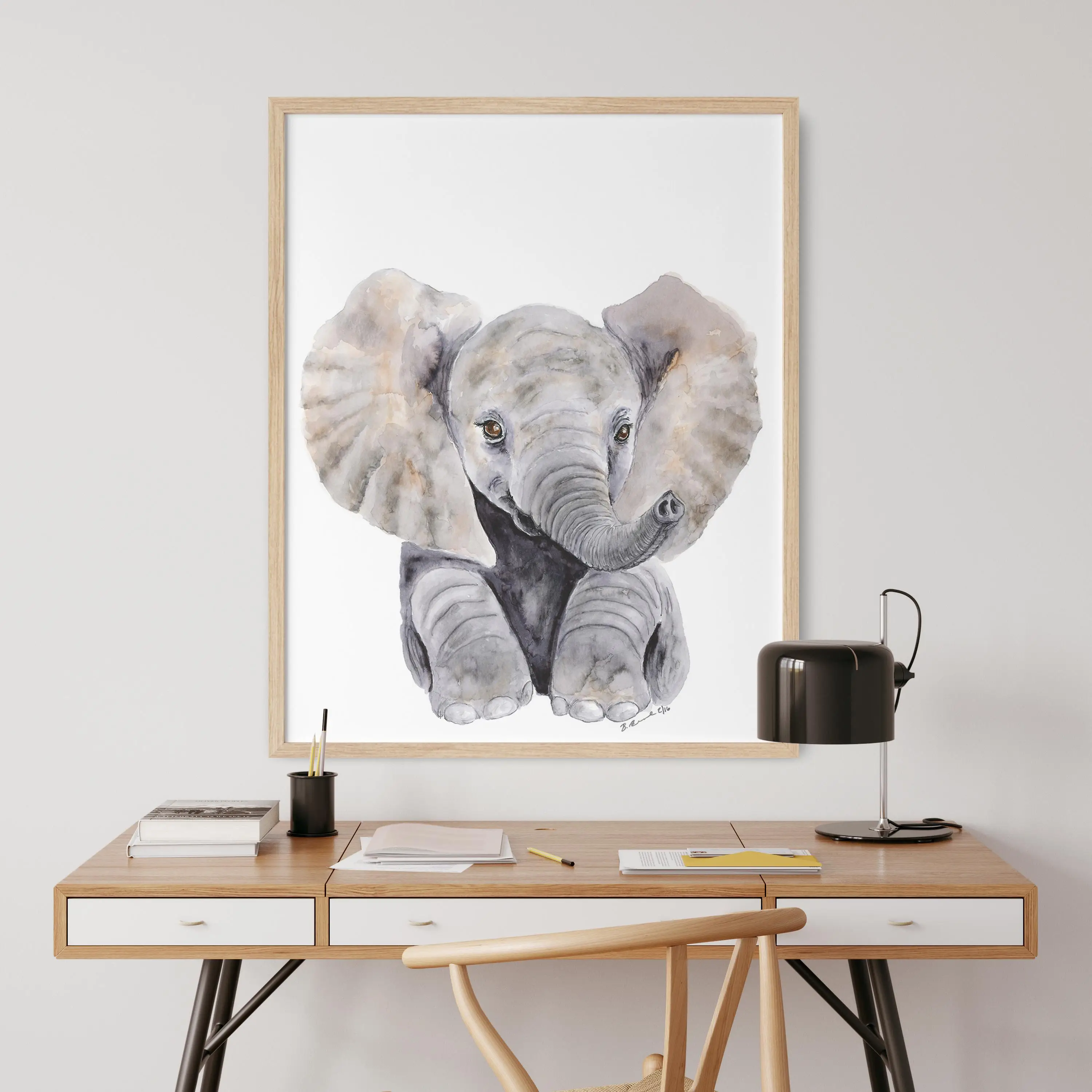 Sitting Elephant Prints, Mural Prints, Watercolor Wildlife Park Baby Room Decoration