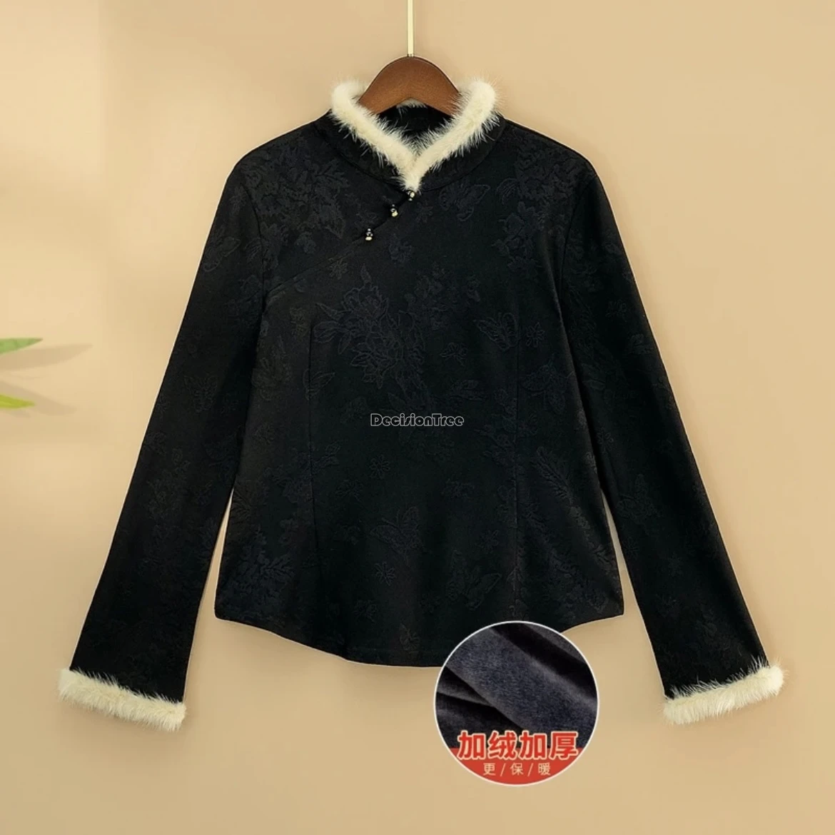 

2025 chinese-style loose woolen collar jacquard long sleeve shirt fleece base layer thicked winter tang suit cheongsam blouse