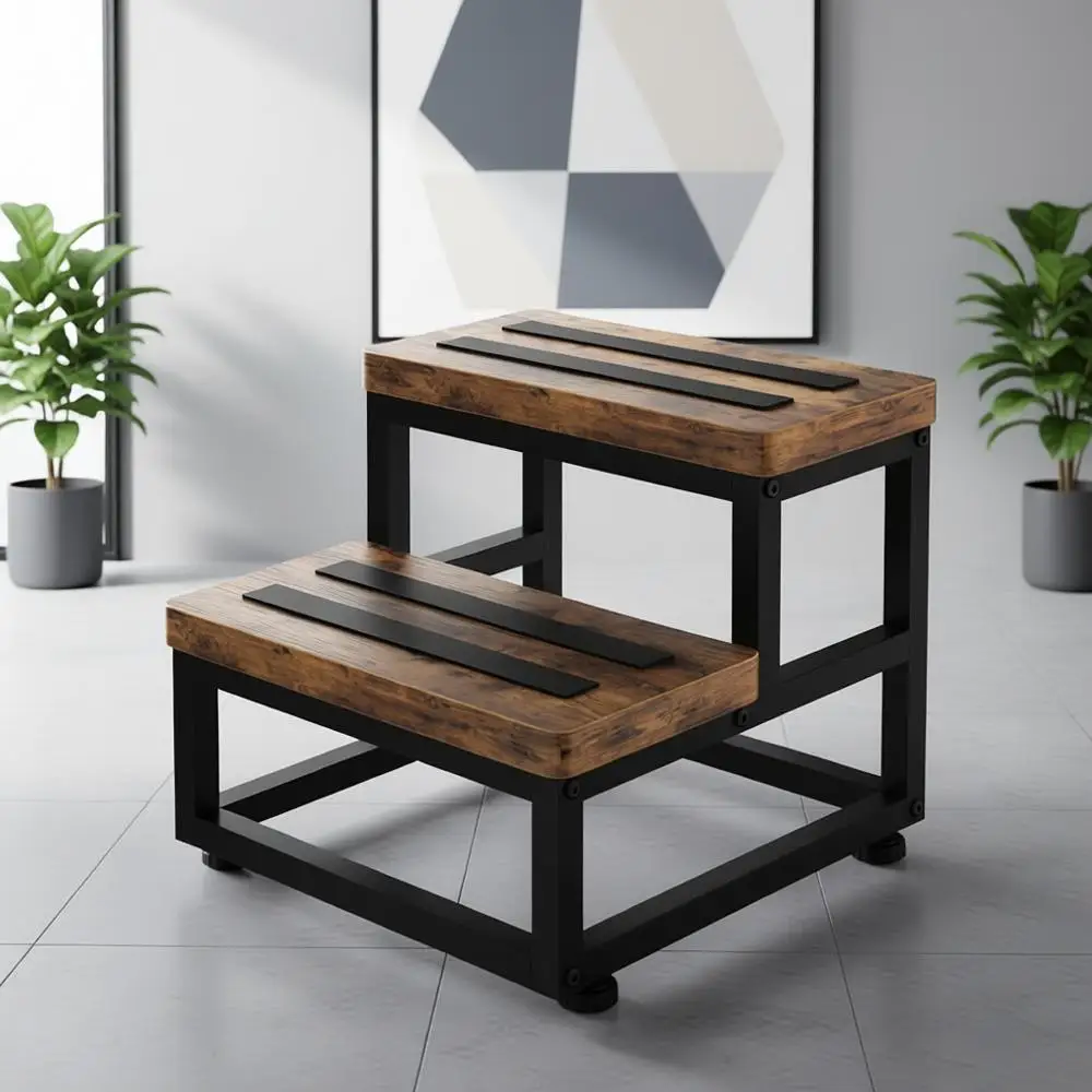 Heavy-Duty Non-Slip Wooden Step Stool for Adults and Kids, 500 lbs Capacity, Ideal for Kitchen, Bed, and RV Use, Rustic Brown