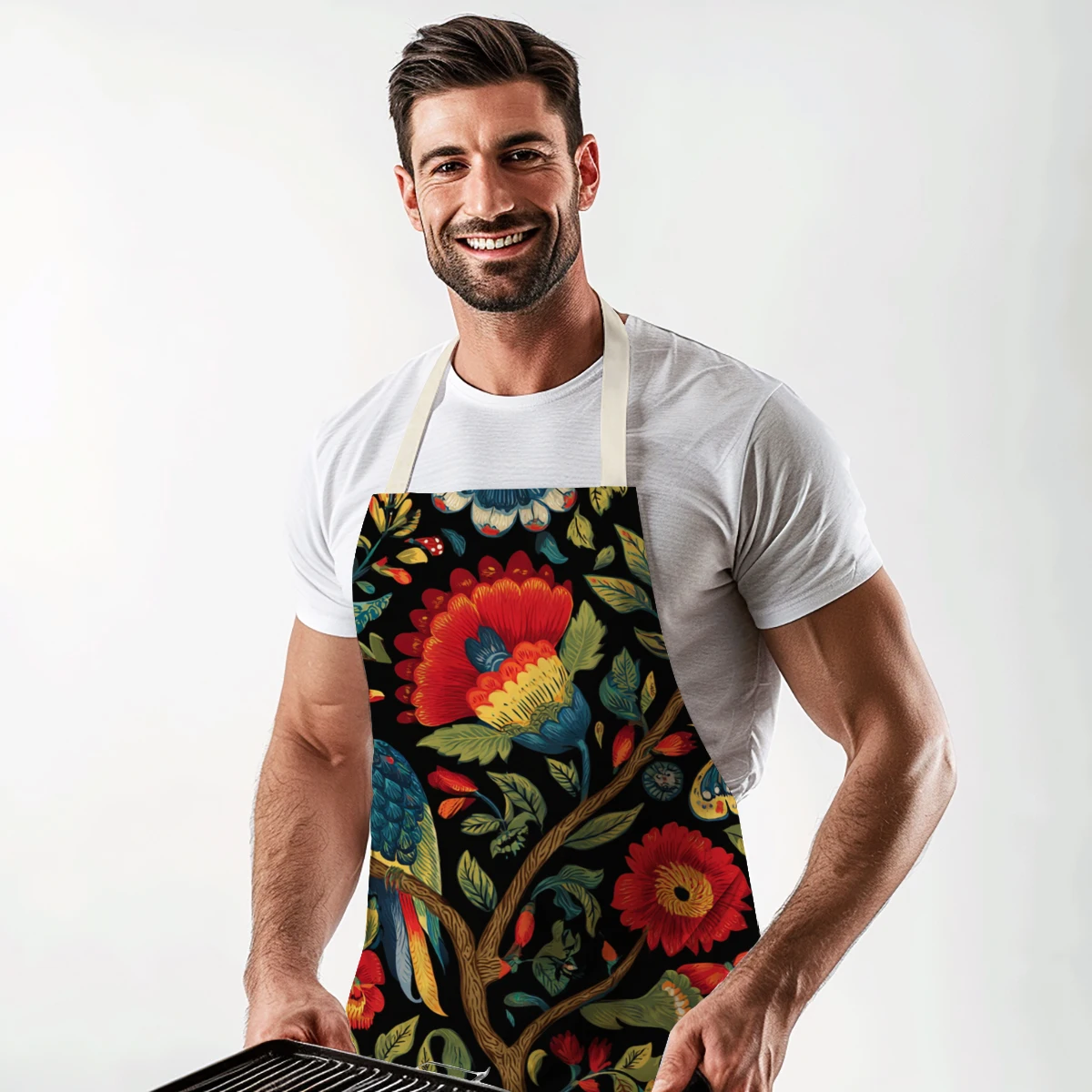 

Vibrant Floral & Bird Pattern Polyester Apron - Stylish Kitchen & Art Studio Apron, Practical Polyester For Home Cooking & Paint