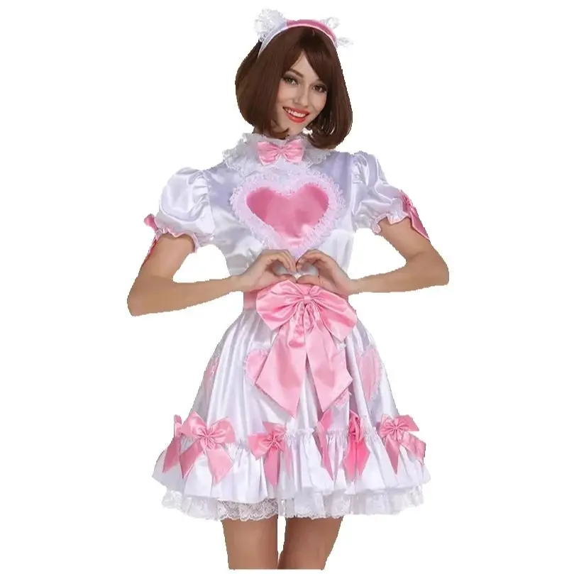French Hot Selling Mid Neckline Scarf Bow Inlaid with Heart-shaped Decorative Pattern on the Chest Lace Skirt Hem Hemline Dress