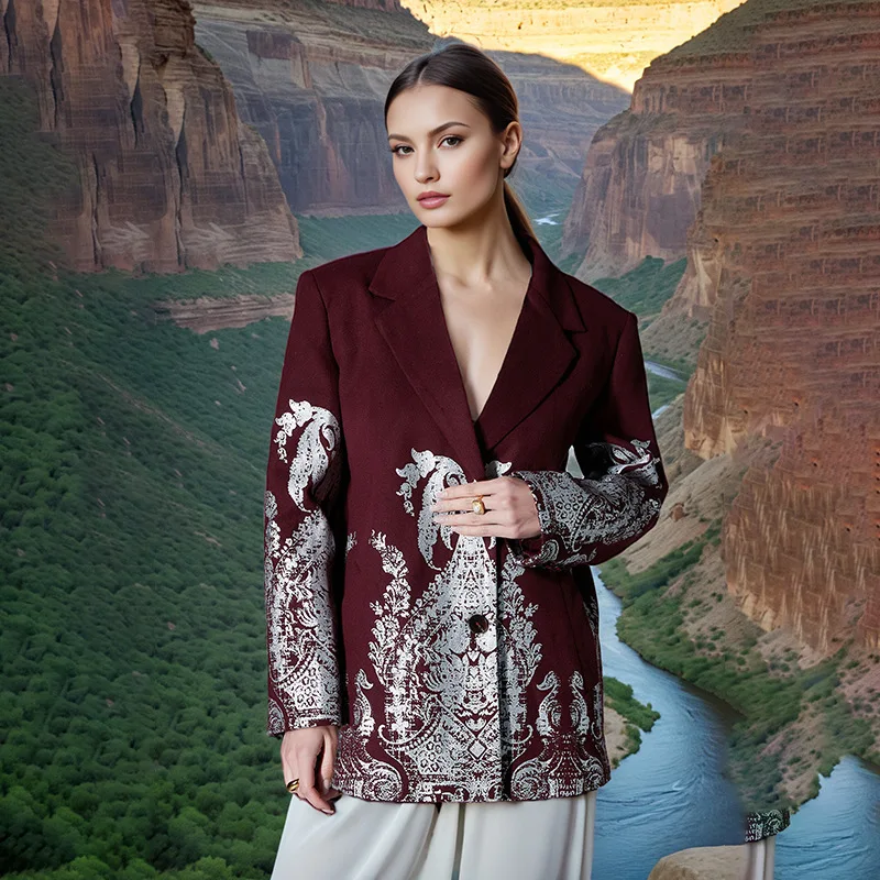 

Women's Unique Shaped Blazer Silver Foil Print Autumn New Design Fashionable Workwear