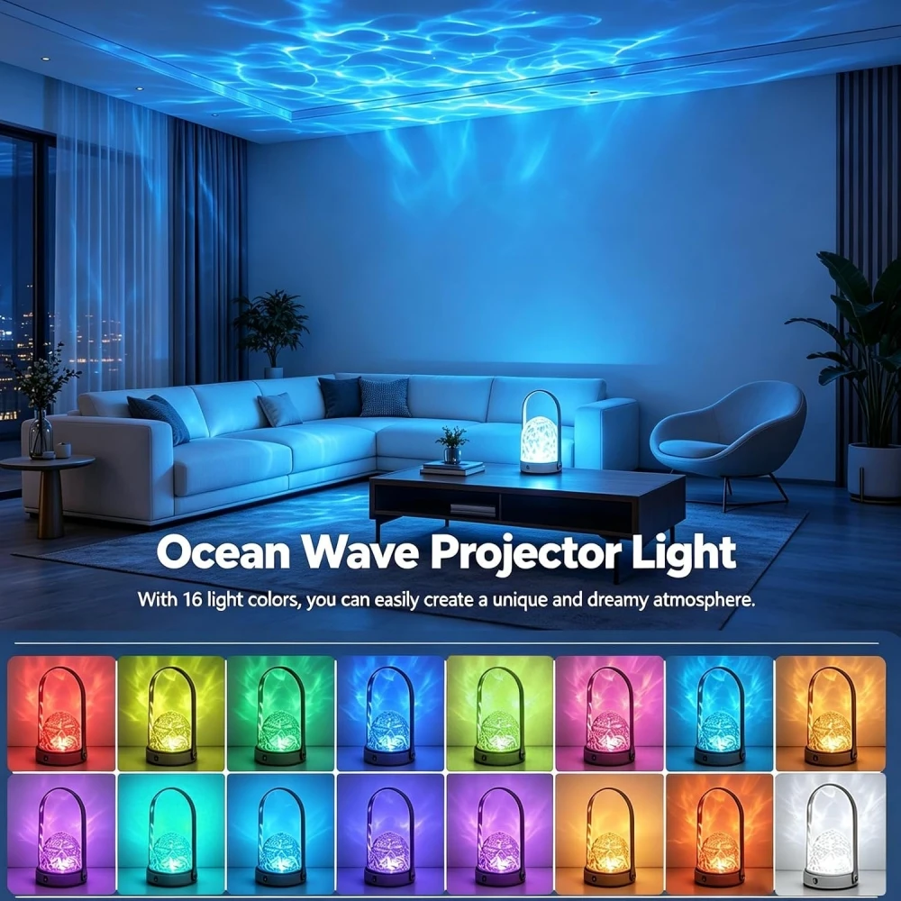 USB Rechargeable Water Wave Projector Night Light 16-Color Changing with Remote Control for Bedroom Living Room Christmas Gifts