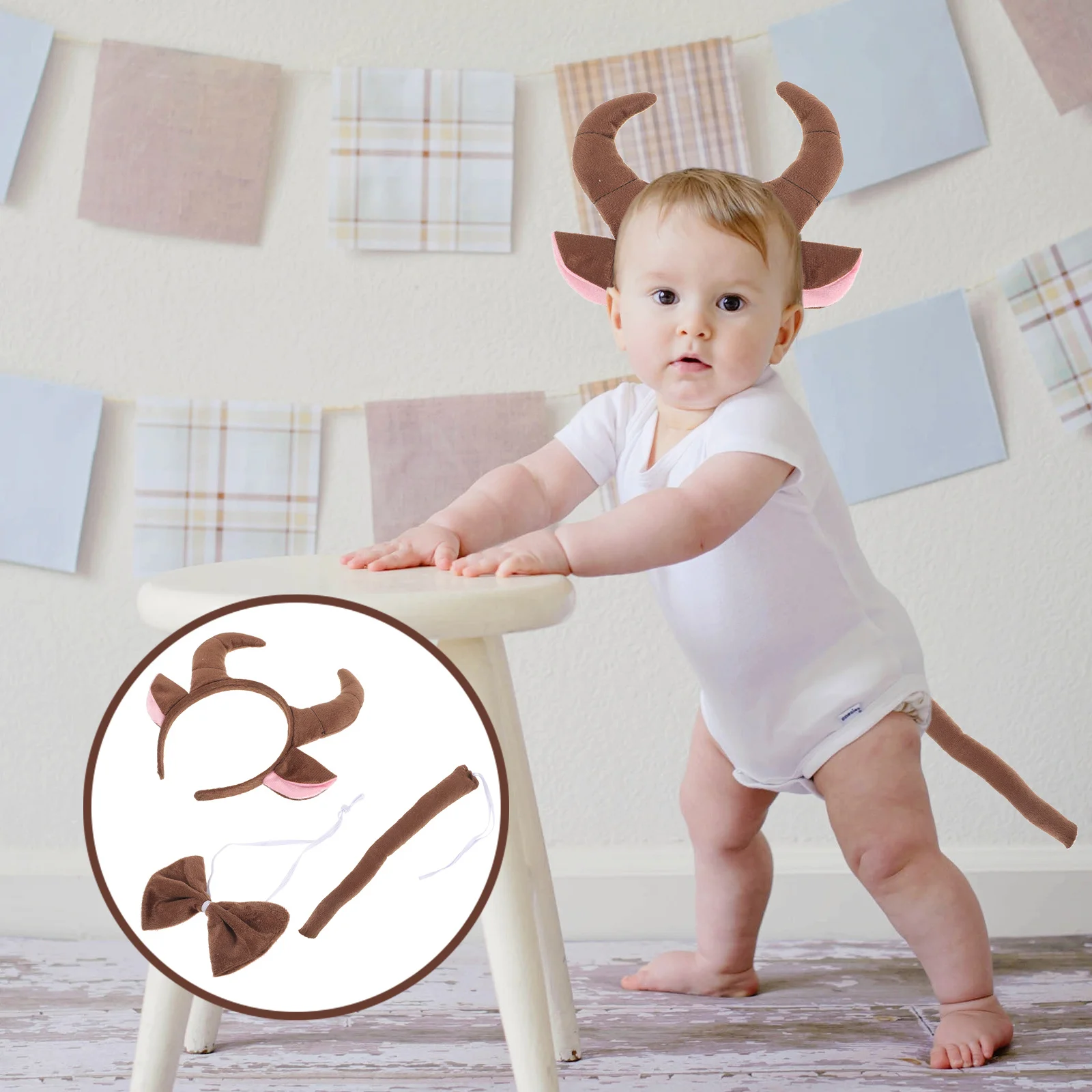 

3pcs Cow Pattern Headband With Tail Set For Kids Party Cosplay Costume Performance Cartoon Animal Outfit Decor Halloween Event