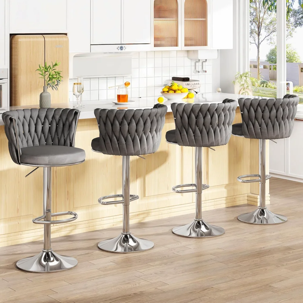

Velvet Bar Stools Set of 4, Swivel Bar Chair, Adjustable Barstools with High Backrest, Upholstered Kitchen Island Chair