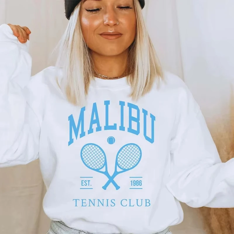 

Осень 2022, новинка Malibu Tennis Club, женский белый свитшот с графическим принтом, винтажный стиль, свободный хлопковый толстый пуловер с длинными рукавами
