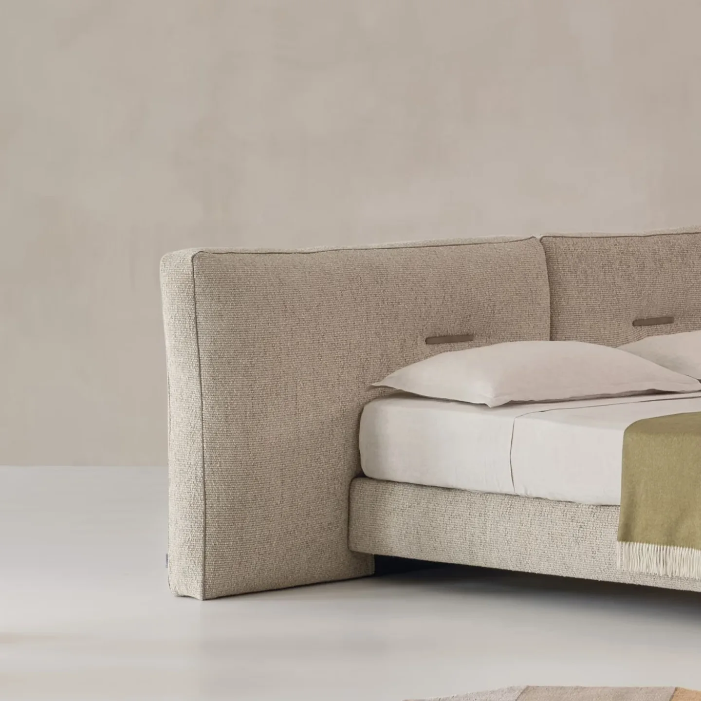 Nordic vintage design, large flat widescreen double bed, master bedroom wedding bed, cotton and linen fabric