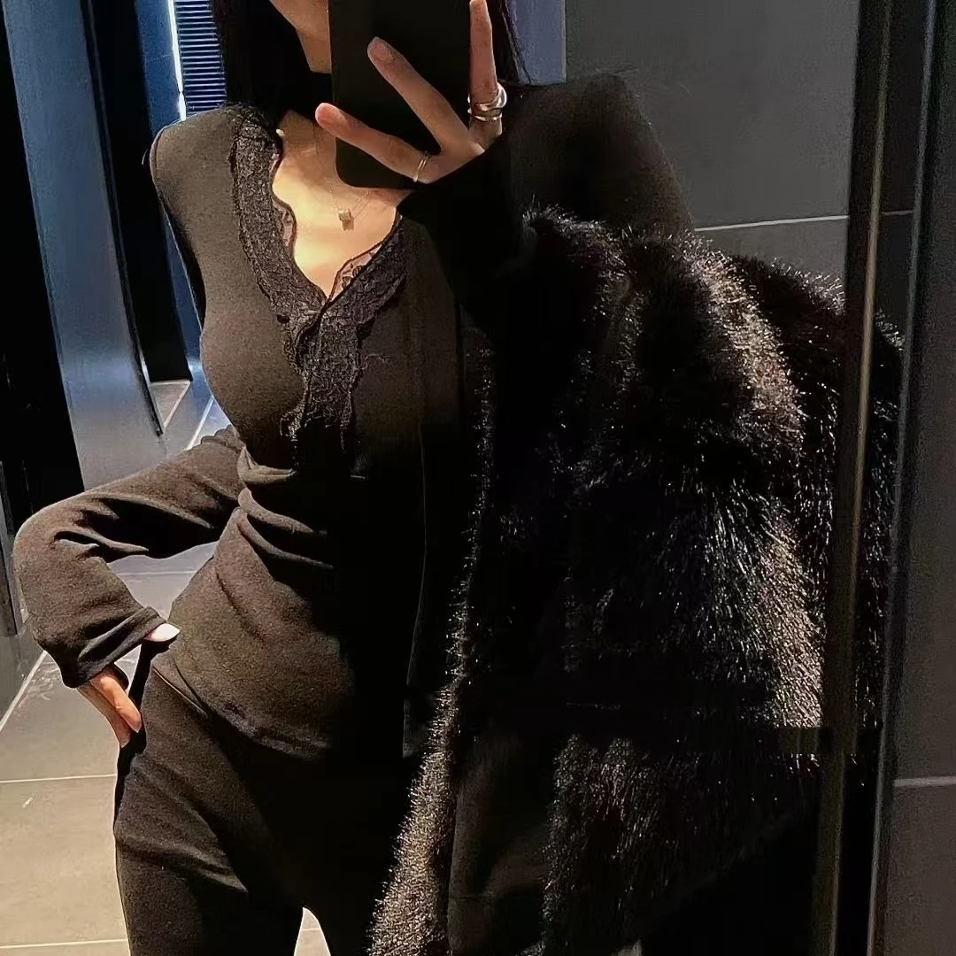 Winter 2025 Women's Slim Fit Long Sve V-Ne Lace Splicing Fce Base irt Warm Thermal Knitwear T-irt Commute Sle