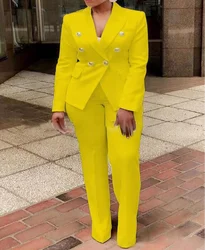 Two Piece Sets Womens Outifits Office Ladies Double Breasted Long Sleeve Blazer Plain Elegant Long Pants Set Spring Fashion 2023