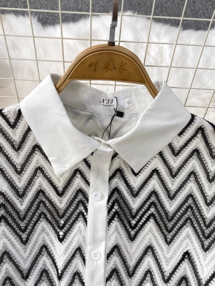 Aushöhlen Spitze Anzug Gestreifte Gestrickte Urlaub Strand 2-teiliges Set Frauen Lose Revers Hemd Tops + Hohe Taille Bogen spleißen Hosen Sets