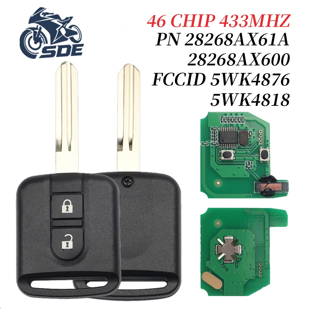 SDE 433MHz ID46 PCF7946A puce 5WK4 876/818 porte-clés à distance pour Nissan Qashqai Elgrand X-TRAIL Navara Micra K12 Note Cabster