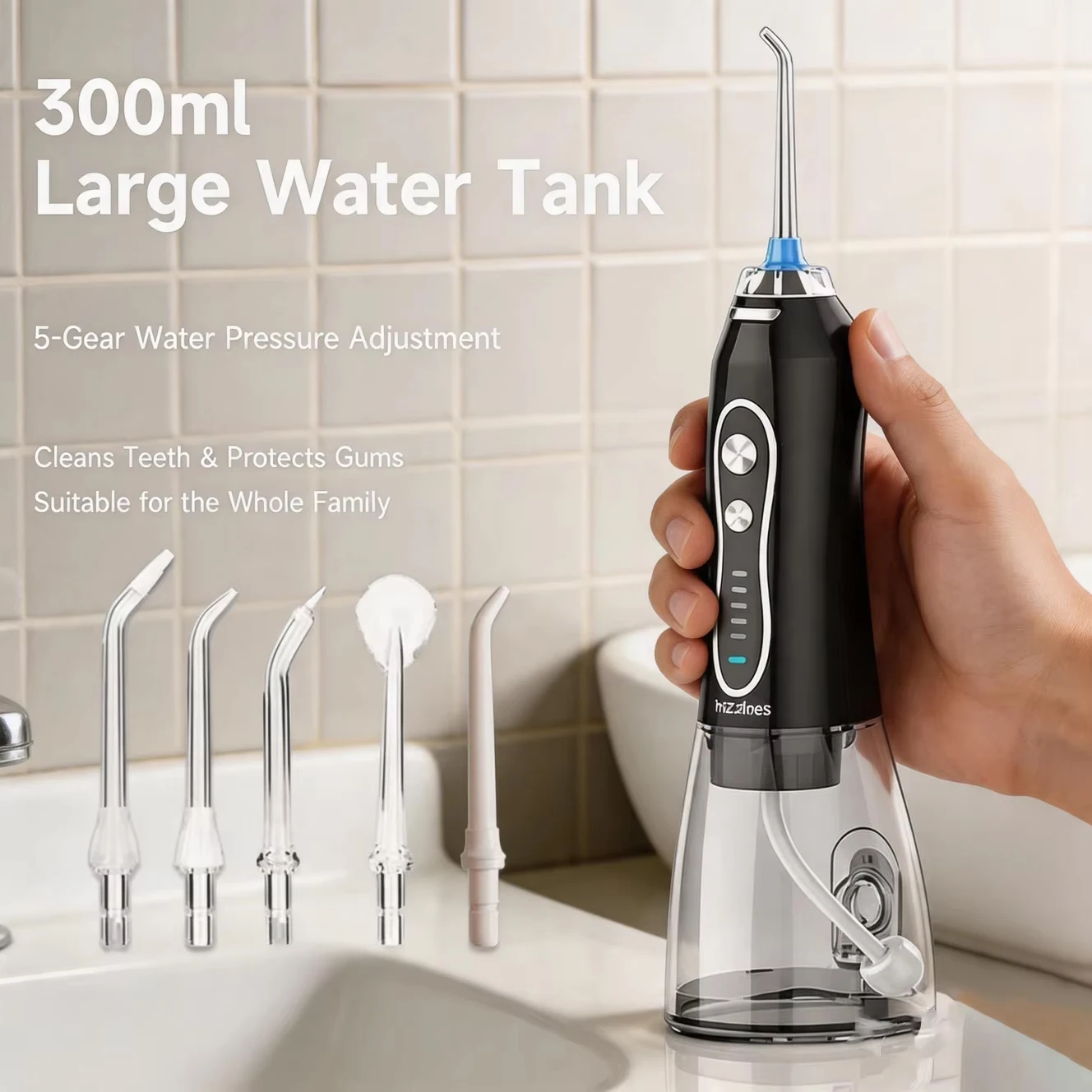 Image of H2ofloss Wasserflosser Kabellos 140PSI Wiederaufladbarer Mundduschen-Irrigator 5 Modi 5 Aufsätze für Empfindliches Zahnfleisch Zahnspangen Implantate Zahnreinigung
