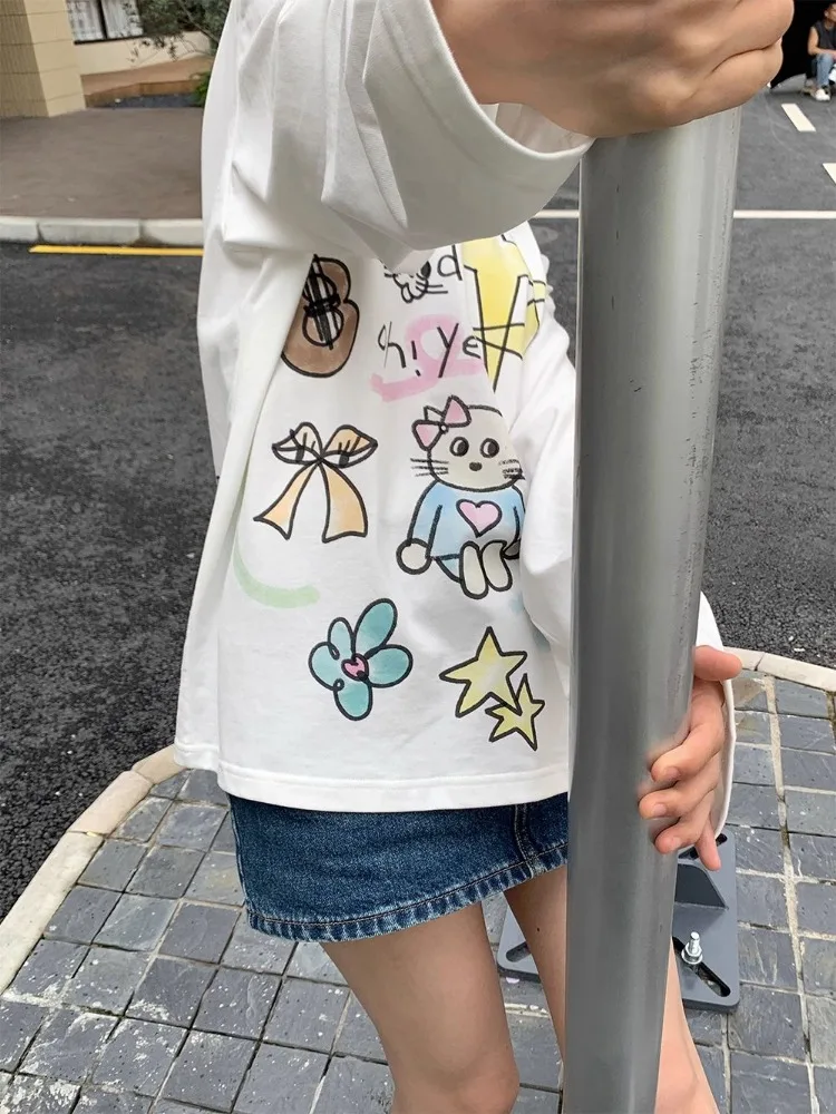 Deeptown Kawaii Cute Oversize White Tshirts Women Y2k Japanese 2000s Style Cartoon Graphic Long Sleeve Tshirts Coquette Tops