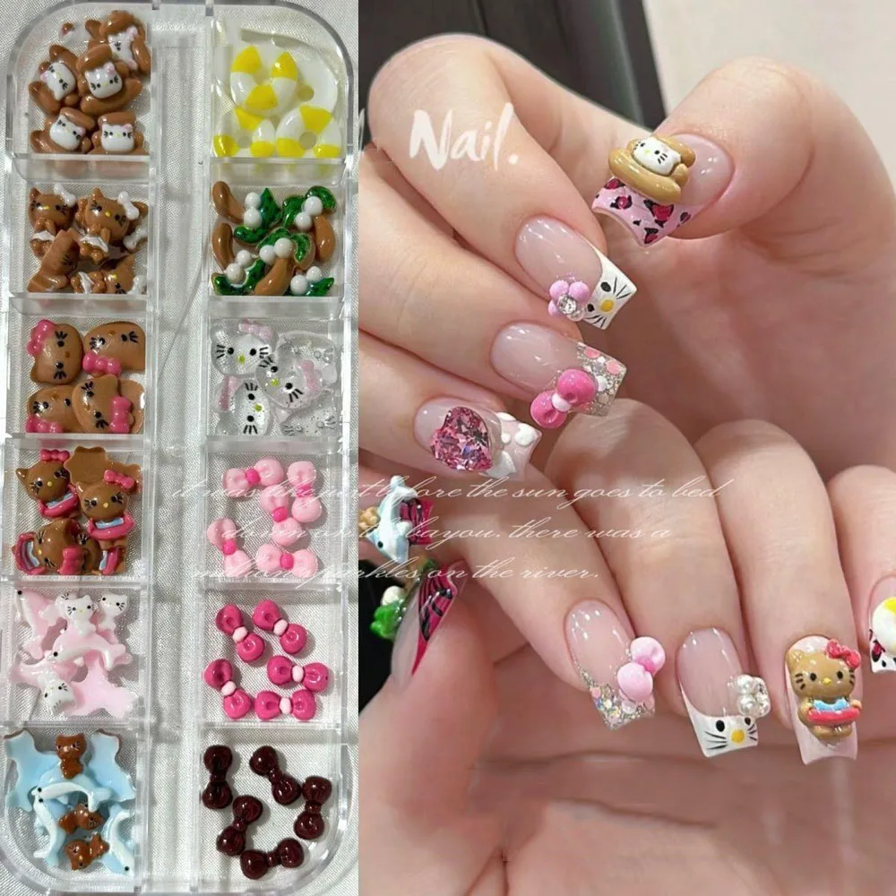 12Grids Cartoon Tanning Kitty Mixed Nail Charms 3D Kawaii Sommer Hawaiian Hello Kitty Harz Strasssteine DIY Nail Art Dekoration