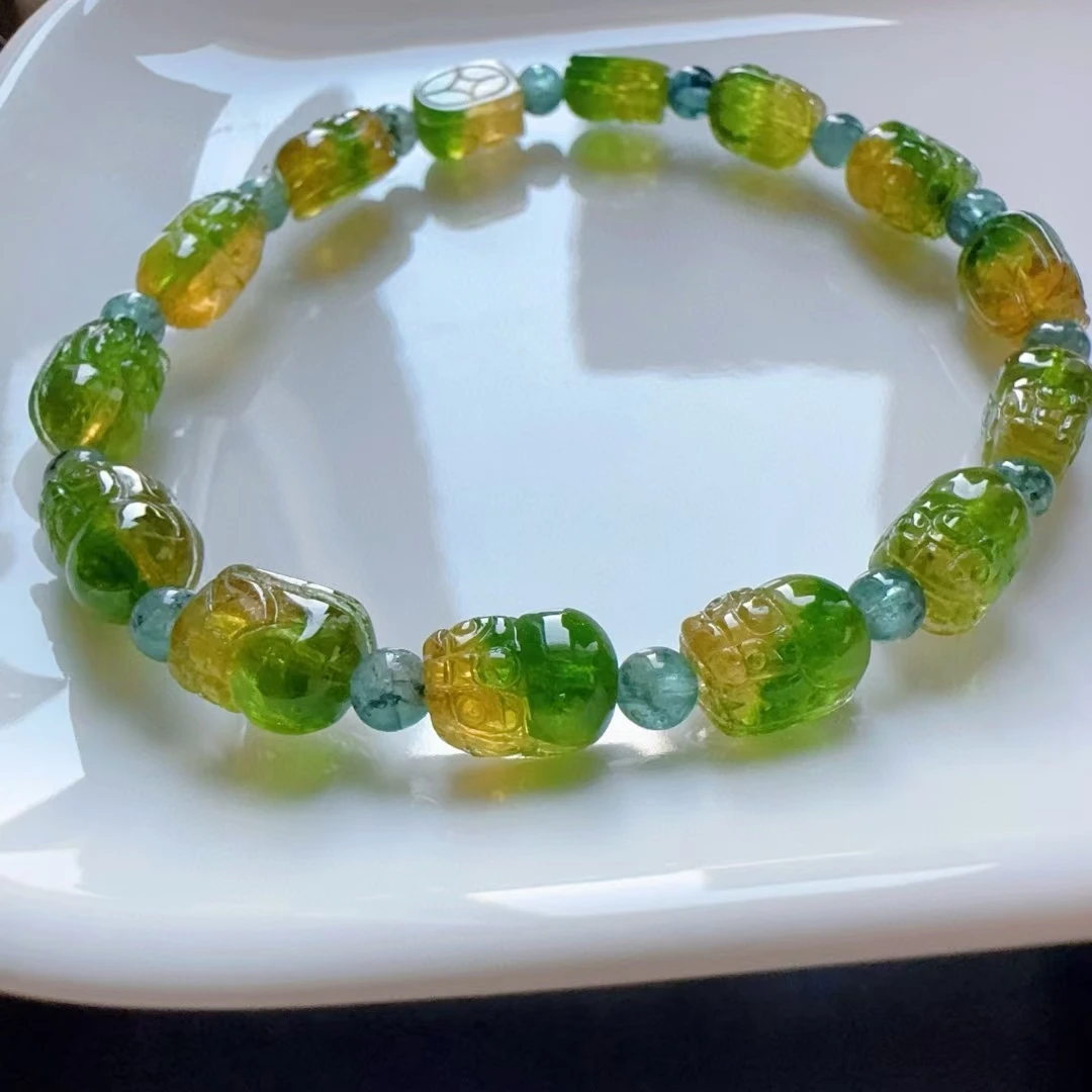 Natural Yellow Green Tourmaline Clear Beads Bracelet 9.4/7.1/5.9mm Watermelon Tourmaline Women Men Jewelry AAAAAAA