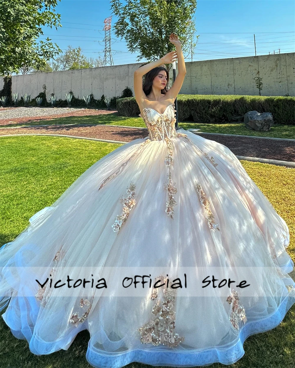 Light Champagne Beaded 3D Flowers Lace Appliques Quincenara Dresses Detachable Puff Long Sleeves 2024 Birthday Luxury Customized