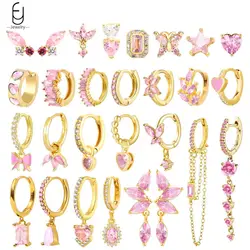 925 Sterling Silver Needle Luxury Pink Zircon Gold Earrings for Women Heart Star Pendant Earrings Party Fine Jewelry Gifts