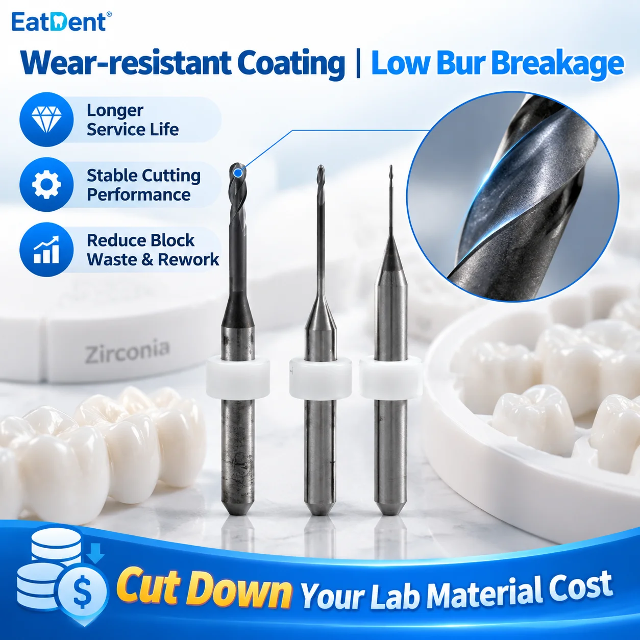 JINY Dental Milling Burs for Zirconia PMMA Lithium Disilicate/Emax D4 DC Coating CAD CAM Dentistry Lab Grinding Drills Needle
