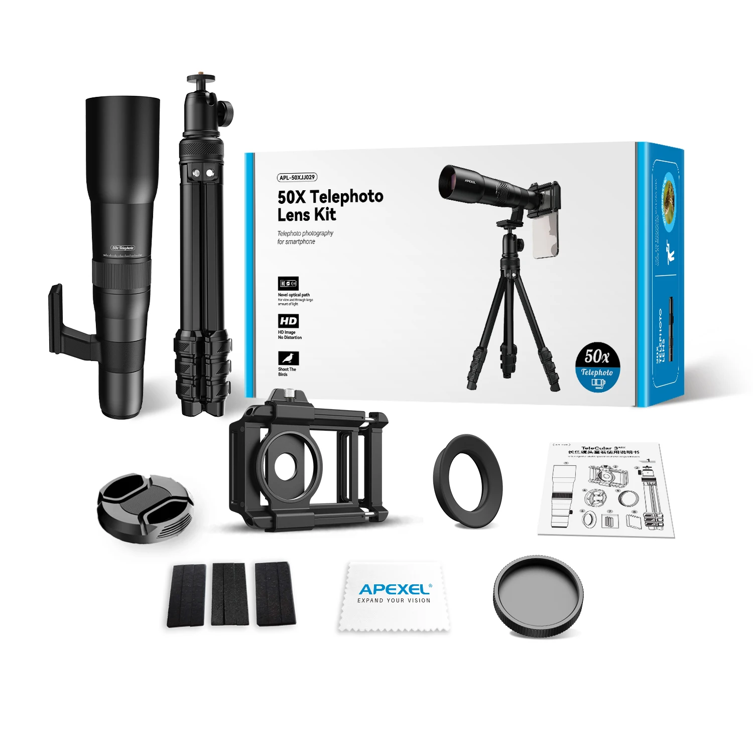 Apexel hd 50x ultra lente telefoto lentes telescópio profissional do telefone móvel com tripé de metal para observação de pássaros vida selvagem esporte