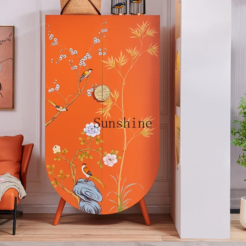 

New Chinese style bedroom storage, orange hand-painted decorative cabinet, solid wood wardrobe cabinet