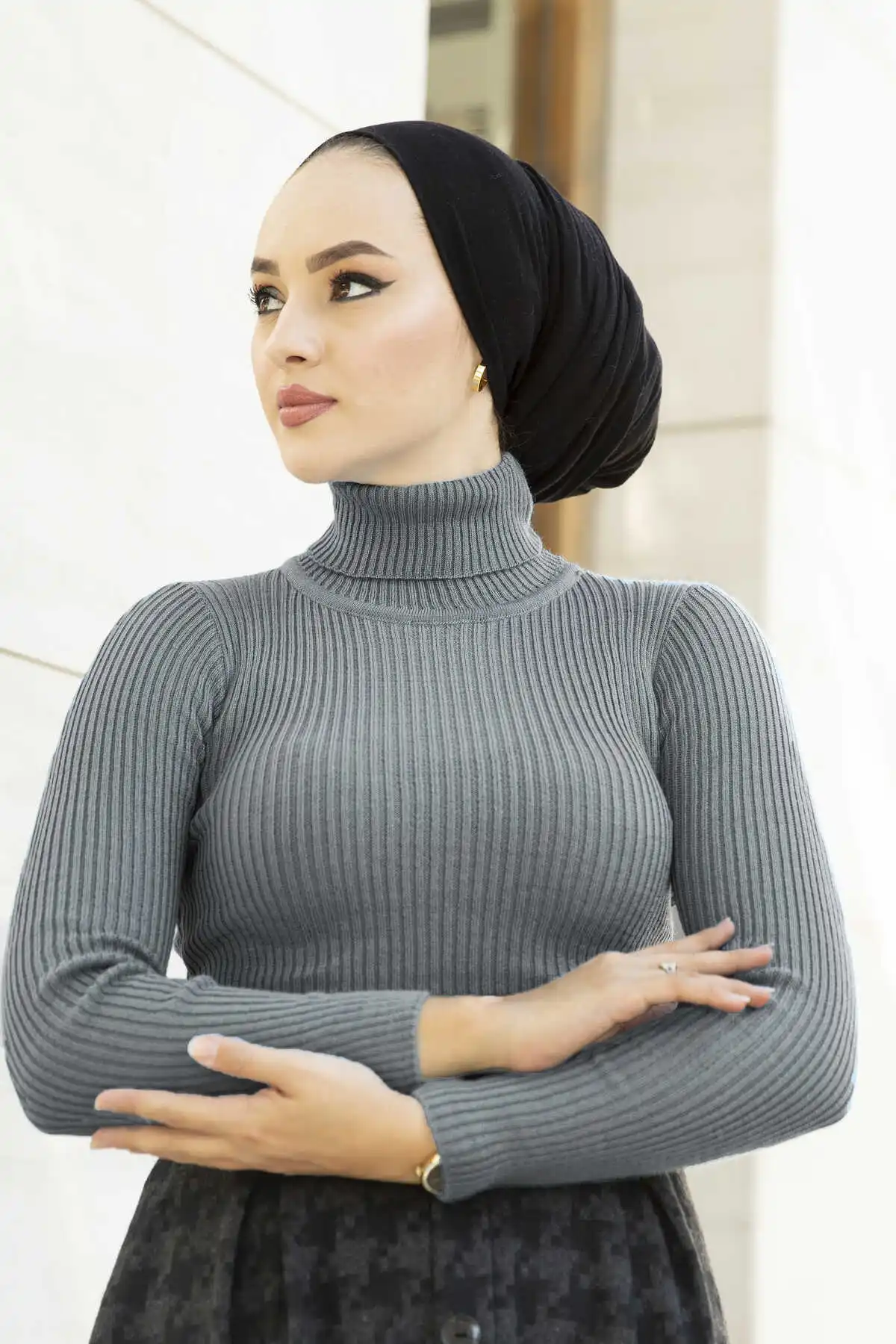 -Throated Knitwear Sweater Gray Winter Autumn 2021 Muslim Women Hijab headscarf Islamic Turkey