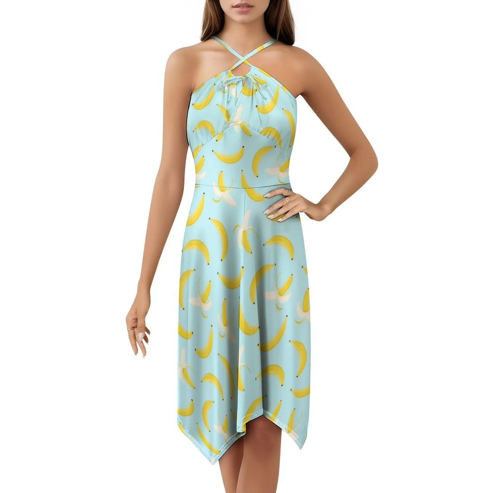 فستان بوهيمي عتيق من Going Banana بأكمام منتفخة أو بدون أكمام للنساء فستان الموز الأصفر الفاكهة الحلوة الموز سبليت