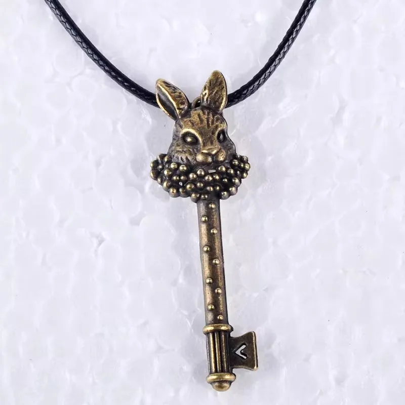 Vintage Antique Bronze Hare Rabbit Bunny Key Pendant Necklace For Women Wax Cord Rope Necklace Metal Jewelry Alloy Jewellery