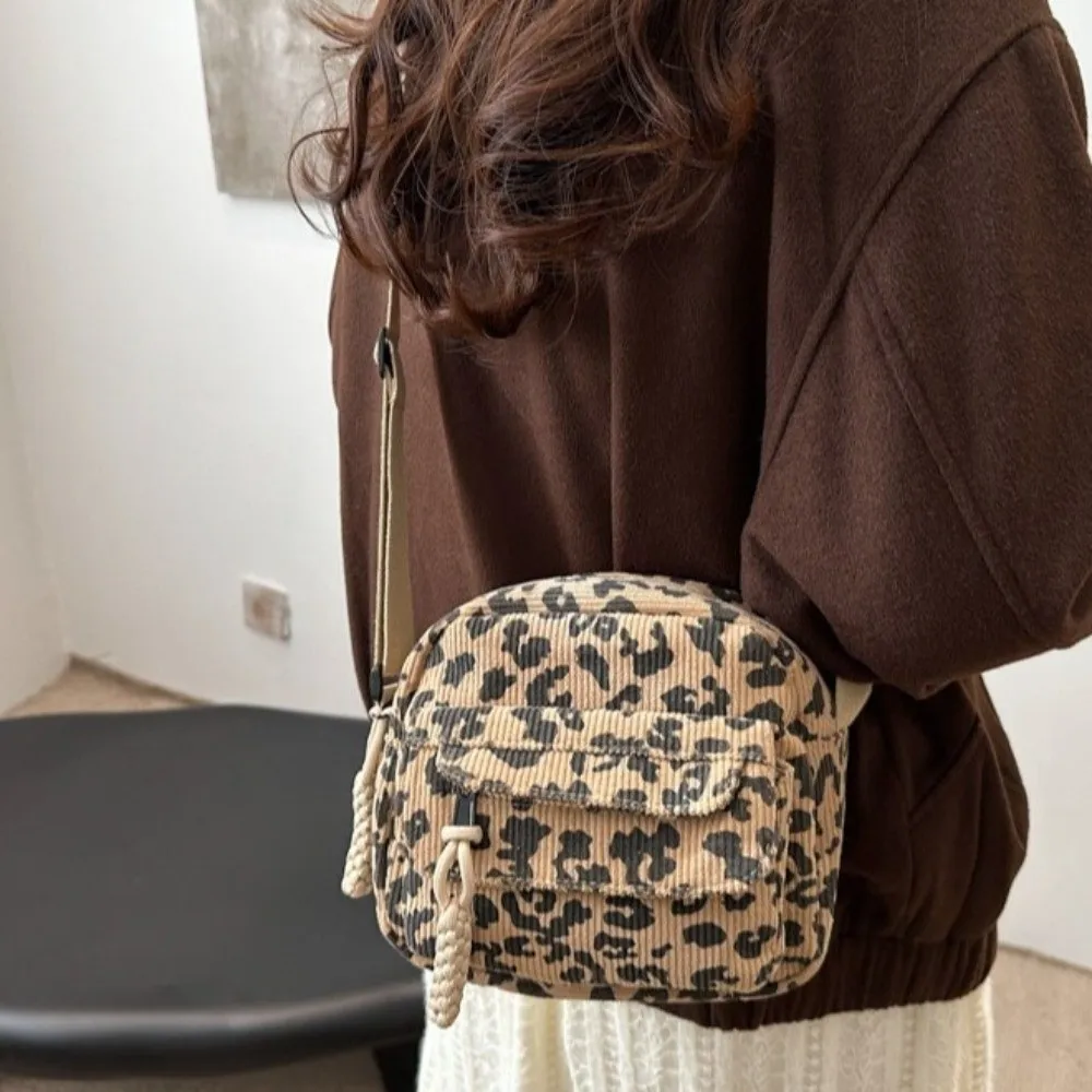Retro Corduroy Crossbody Bag Multi Pocket Wide Strap Leopard Print Shoulder Bag Adjustable Lightweight Small Square Bag Travel
