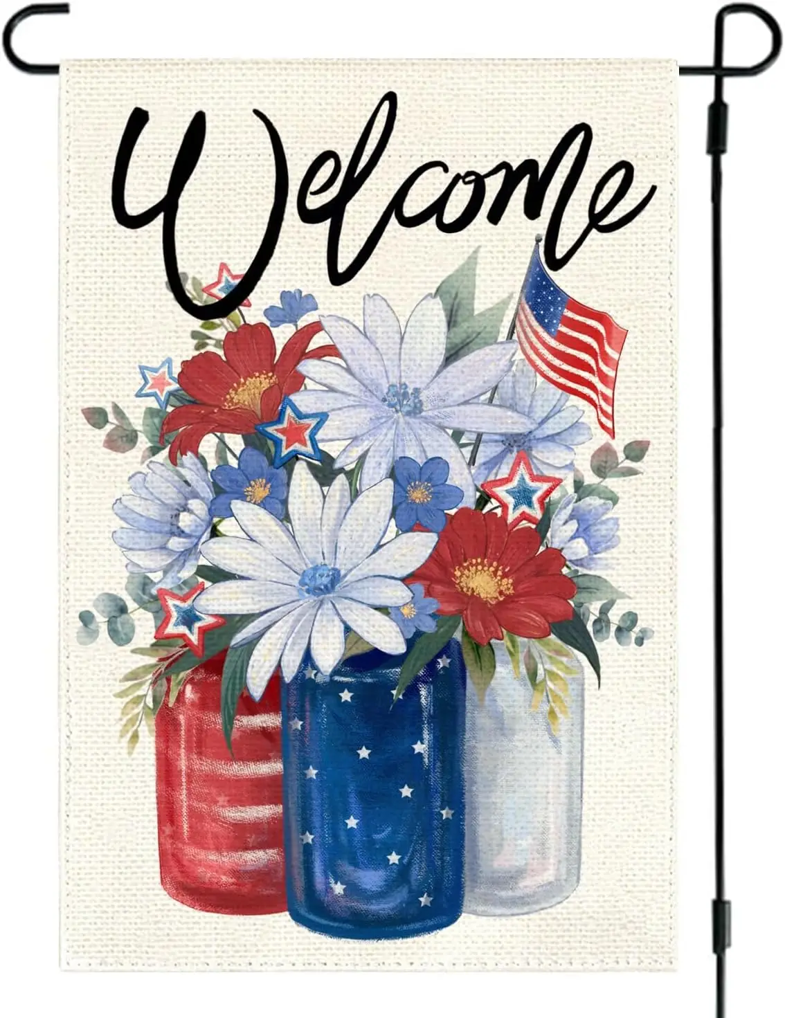 4th of July Welcome Garden Flag 12x18 Inch Double Sided Outside Patriotic Floral Mason Jar Summer Daisy Memorial Day Indepen SSL